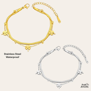 18ct Yellow Gold Plated Stainless Steel Silver Double Bracelet with Clover Flowers
