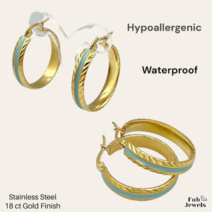 Gold Plated Stainless Steel Hoop Round Earrings with White Turquoise Enamel