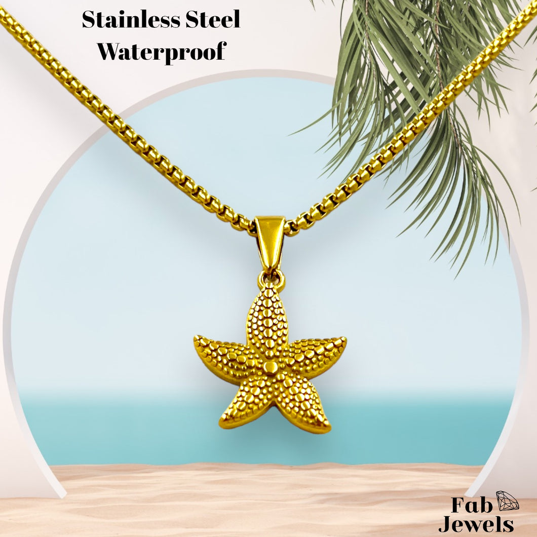 Yellow Gold Plated Stainless Steel Starfish Charm Pendant with Necklace