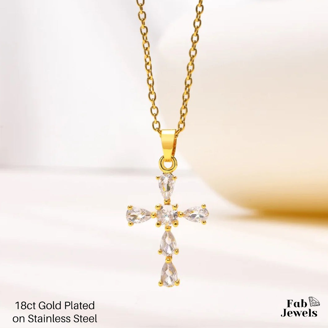 18ct Gold Plated Cross Pendant with Cubic Zirconia Stainless Steel Necklace