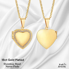 Load image into Gallery viewer, Stainless Steel Yellow Gold Plated Silver Heart Locket with Cubic Zirconia Necklace Included