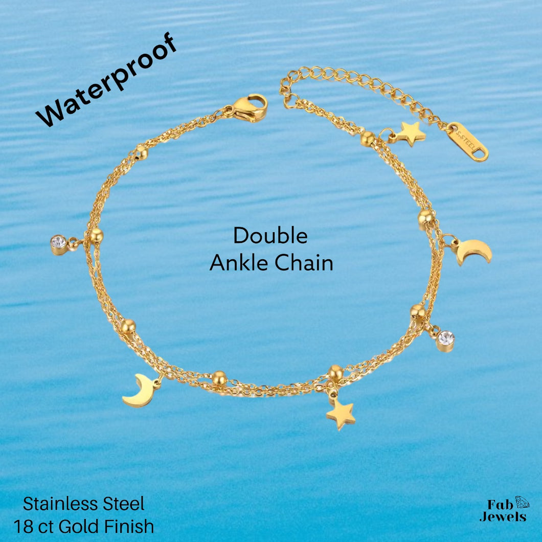 Stainless Steel Waterproof Gold Plated Anklet Double Ankle Chain with Moon and Stars