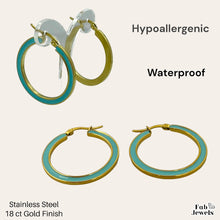 Load image into Gallery viewer, 18 Gold Plated Stainless Steel Hoop Round Earrings with White Turquoise Enamel