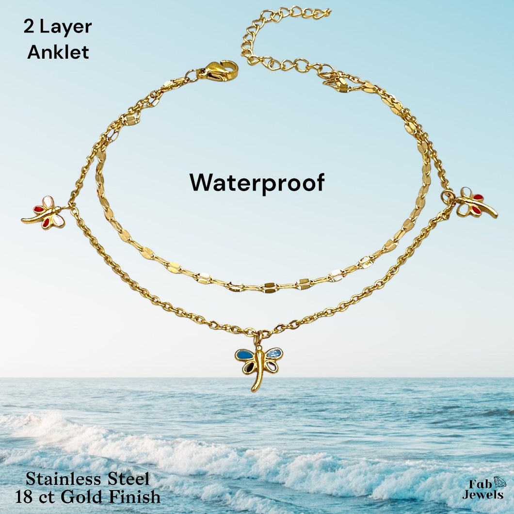 Stainless Steel Gold Plated Double Anklet with Dragonfly Charms