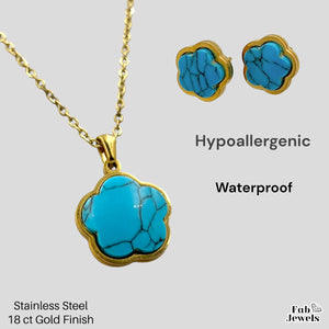 Stainless Steel 18ct Yellow Gold Plated Clover Flower with Natural Turquoise Set Necklace Pendant Matching Earrings