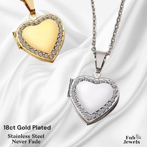 Stainless Steel Yellow Gold Plated Silver Heart Locket with Cubic Zirconia Necklace Included