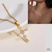 Load image into Gallery viewer, 18ct Gold Plated Cross Pendant with Cubic Zirconia Stainless Steel Necklace