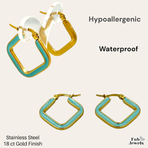 18 Gold Plated Stainless Steel Hoop Earrings with White Turquoise Enamel