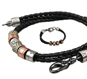 Set Black Leather and Stainless Steel Necklace and Bracelet