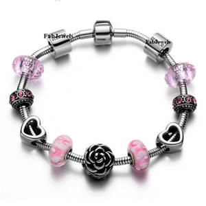 316L Stainless Steel Lucky Charm Bracelet with Murano Glass Flower Crystals Charms