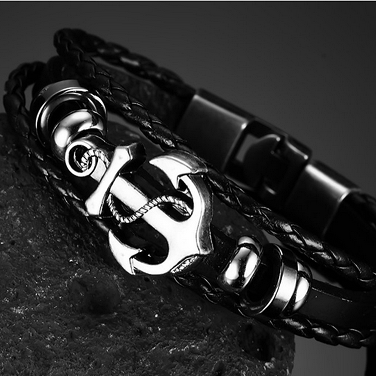 Leather and Stainless Steel Anchor Bracelet.