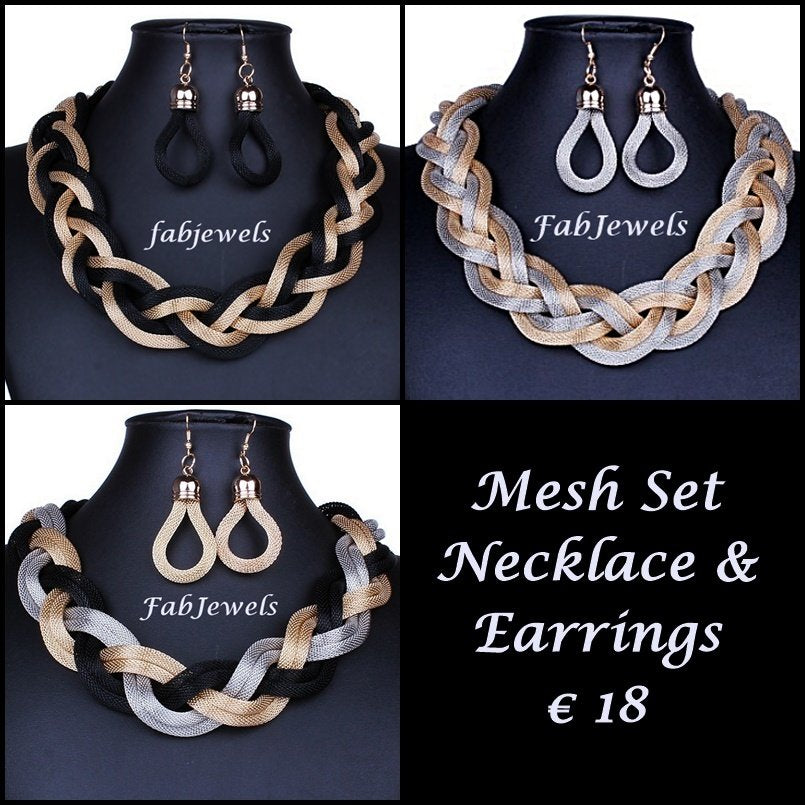 Fashionable Gold Plated Statement Mesh Set Choker and Earrings