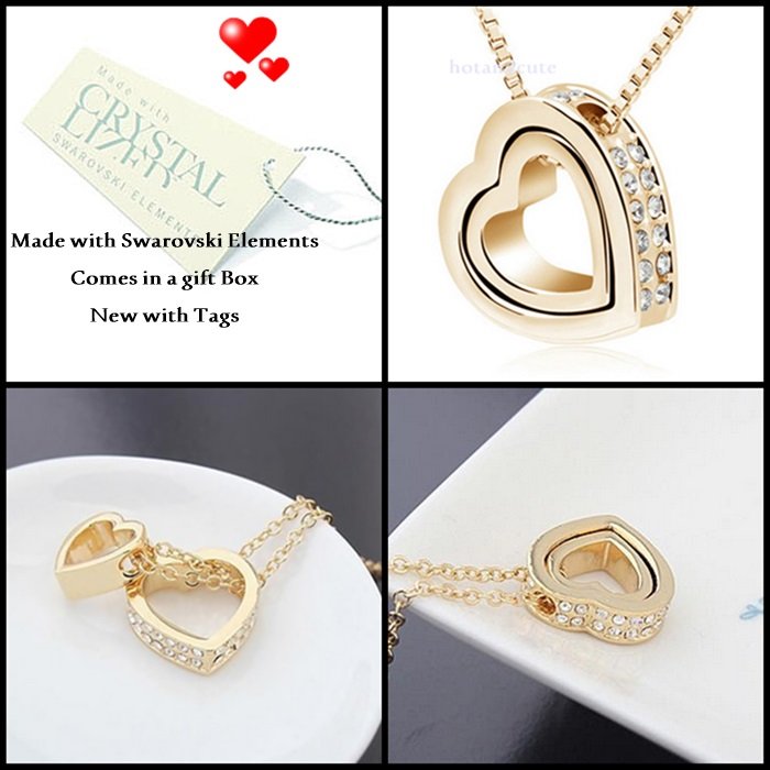 Yellow Gold Plated Double Heart Necklace with Swarovski Crystals