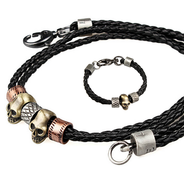 Set Black Leather and Stainless Steel Skull Necklace and Bracelet