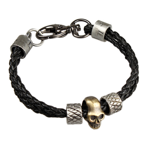 Black Leather and Stainless Steel Skull Bracelet