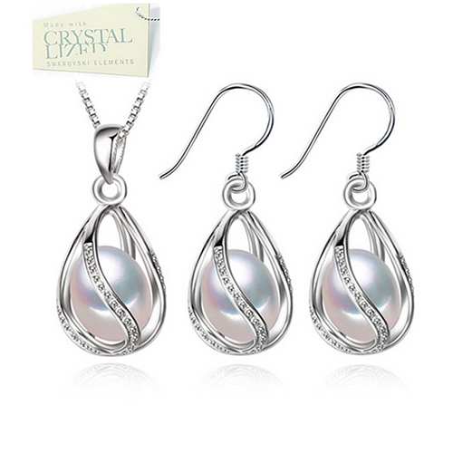 Stunning Sterling Silver Drop Freshwater Pearl and Swarovski Crystals Set