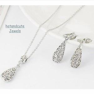 9k White Gold Plated Drop Filigree Set Earrings Necklace Pendant