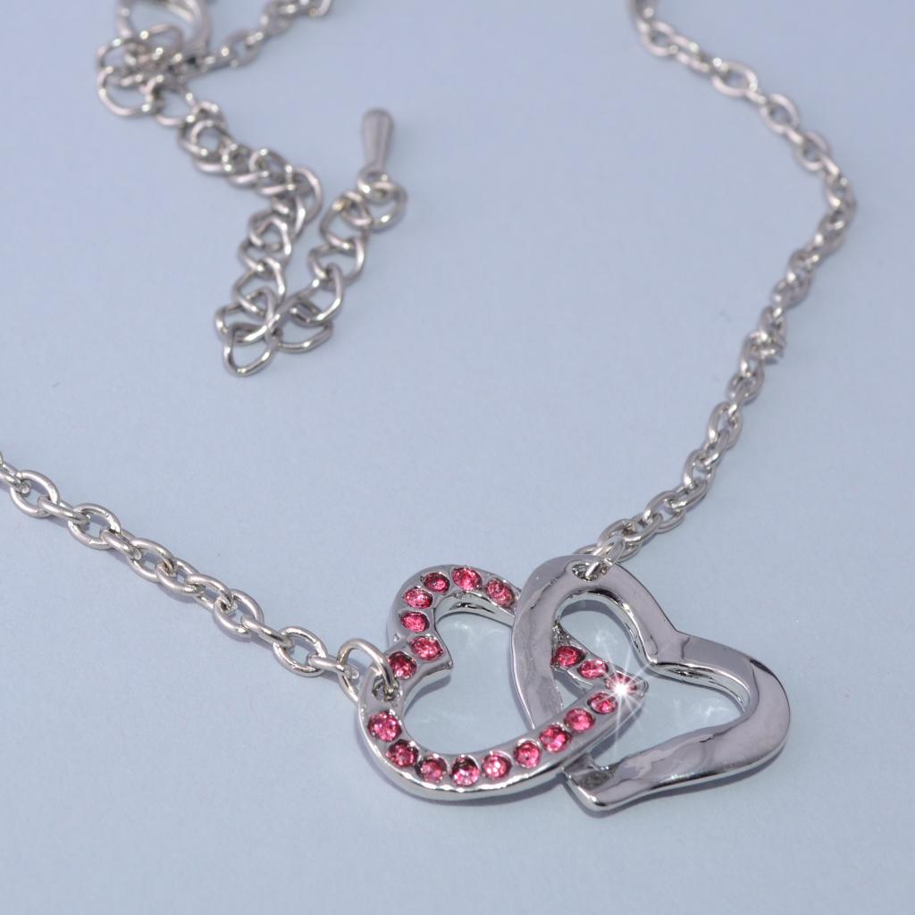 Gold Plated Double Heart Pendant with Pink Swarovski Crystals