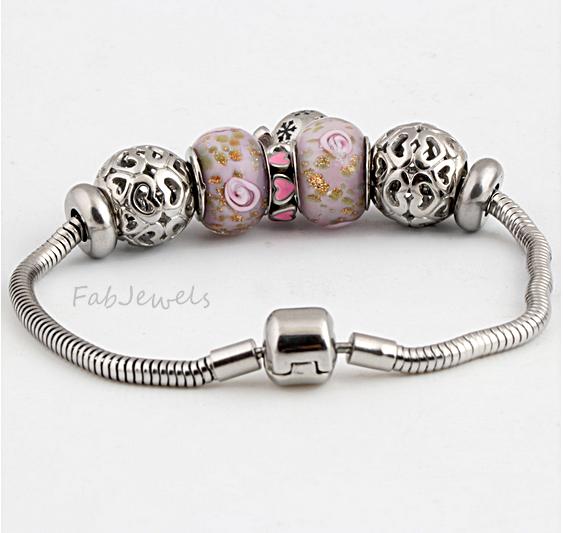 European 316L Stainless Steel Snake Chain Murano Glass Beads Charms Bracelet