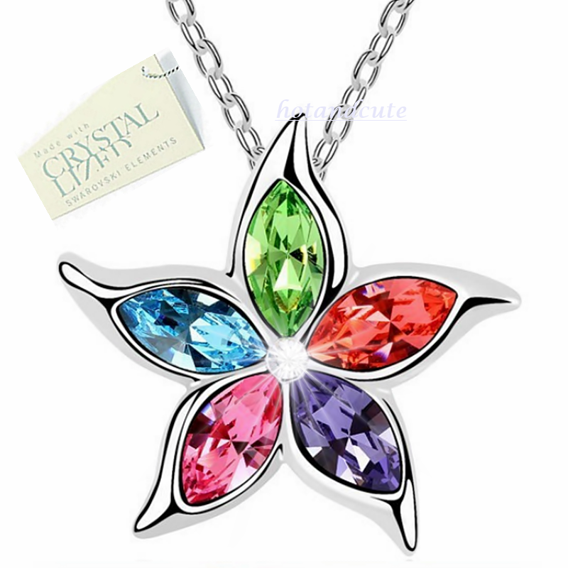 18ct White Gold Plated Chain with Multi Coloured Swarovski Crystals Pendant