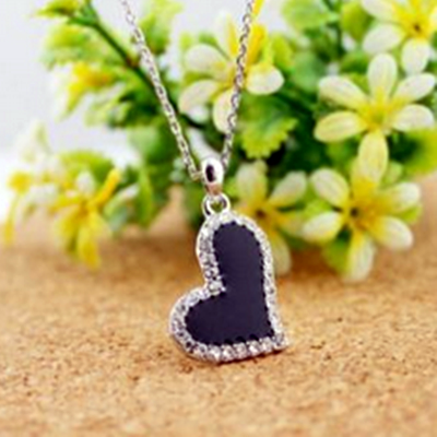 White Gold Plated Necklace Black Heart Pendant with Crystals