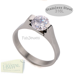 Stainless Steel Solitaire Ring w Swarovski Crystal Size 6 7 8 9