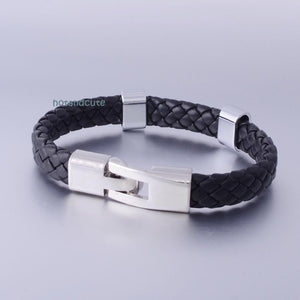 Black Leather with Stainless Steel Fashionable Bracelet