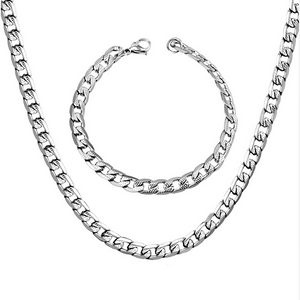 Solid Stainless Steel Silver Tone 316L Curb Chain Set Necklace Bracelet