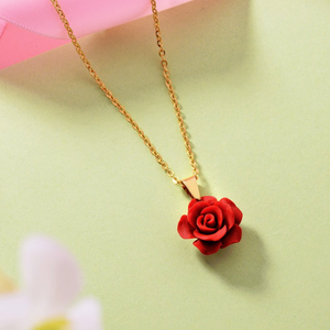 Stainless Steel Red Flower Set Yellow Gold Plated Necklace Pendant and Matching Earrings