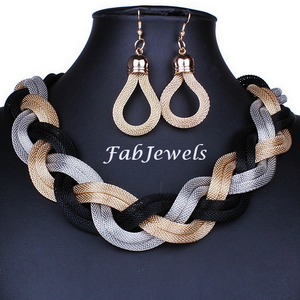 Fashionable Gold Plated Statement Mesh Set Choker and Earrings