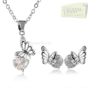 White Gold Plated Butterfly Set with Swarovski Crystals Earrings Necklace and Pendant