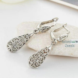 9k White Gold Plated Drop Filigree Set Earrings Necklace Pendant
