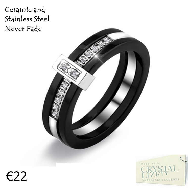 Black Ceramic Stainless Steel 316L Ring with Swarovski Crystals