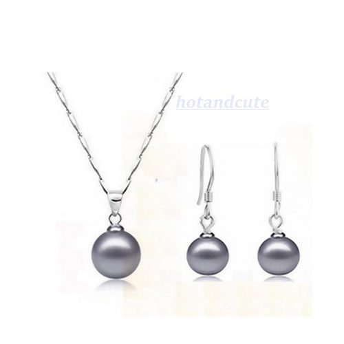 White Gold Plated Grey Pearl Set Earrings Necklace and Pendant