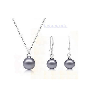 White Gold Plated Grey Pearl Set Earrings Necklace and Pendant