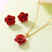 Load image into Gallery viewer, Stainless Steel Red Flower Set Yellow Gold Plated Necklace Pendant and Matching Earrings