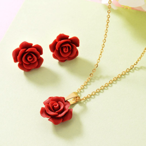 Stainless Steel Red Flower Set Yellow Gold Plated Necklace Pendant and Matching Earrings