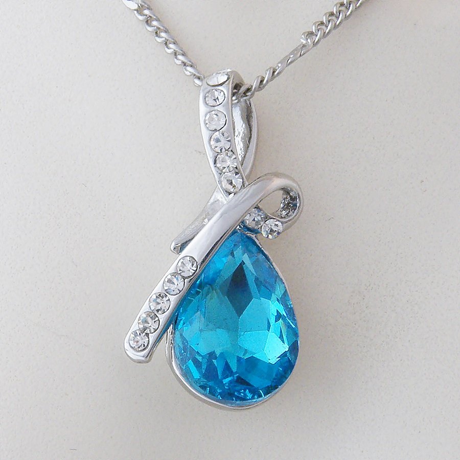 Platinum Plated Necklace with SWAROVSKI CRYSTAL Drop Turquoise Pendant