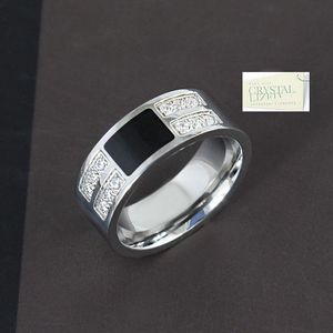Solid Stainless Steel Silver and Black Ring with Swarovski Crystals