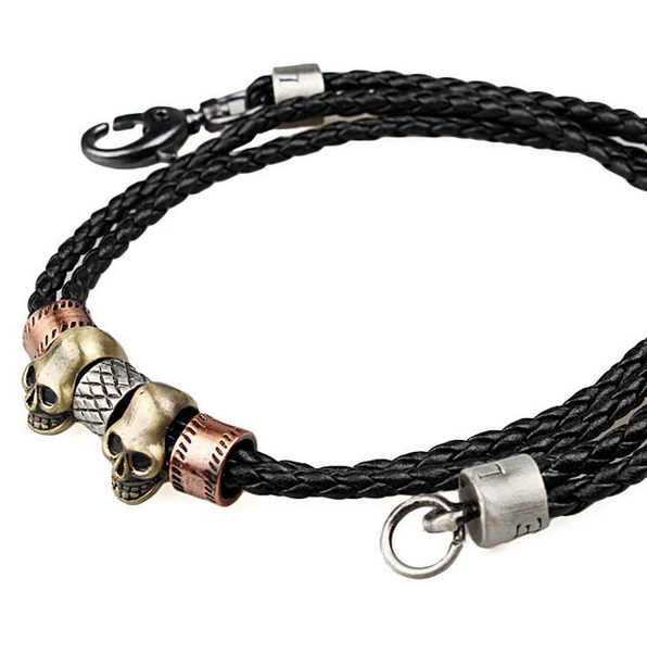 Black Leather and Stainless Steel Skull Necklace