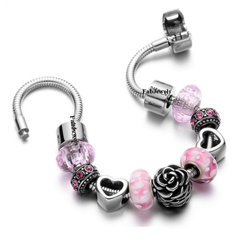 316L Stainless Steel Lucky Charm Bracelet with Murano Glass Flower Crystals Charms