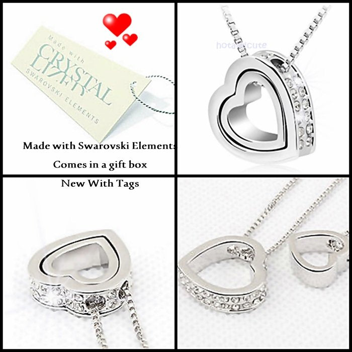 White Gold Plated Double Heart Necklace with Swarovski Crystals