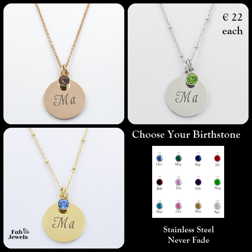 Engraved Stainless Steel 'Ma' Pendant with Personalised Birthstone Inc. Necklace