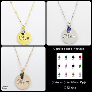 Engraved Stainless Steel 'Mum' Pendant with Personalised Birthstone Inc. Necklace