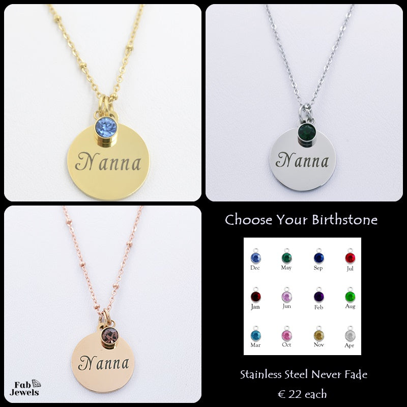 Engraved Stainless Steel 'Nanna' Pendant with Personalised Birthstone Inc. Necklace
