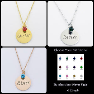 Engraved Stainless Steel 'Sister' Pendant with Personalised Birthstone Inc. Necklace