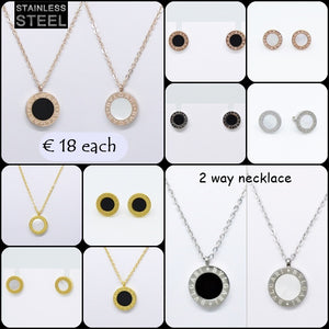 S/Steel Double Sided Necklace or Earrings or Set with Onyx Mother of Pearl
