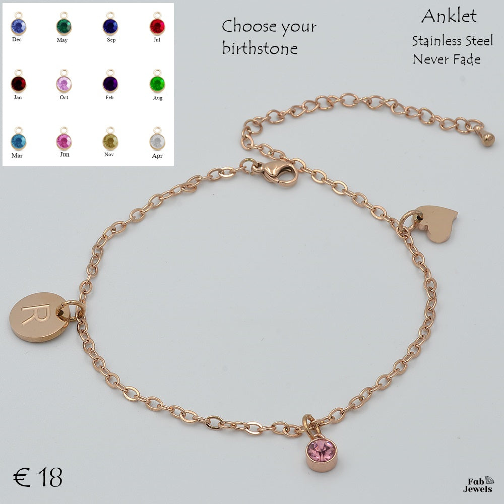 Stainless Steel 316L Personalised Birthstone Initial Anklet Rose