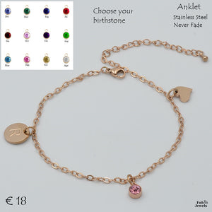 Stainless Steel 316L Personalised Birthstone Initial Anklet Rose Gold Plated