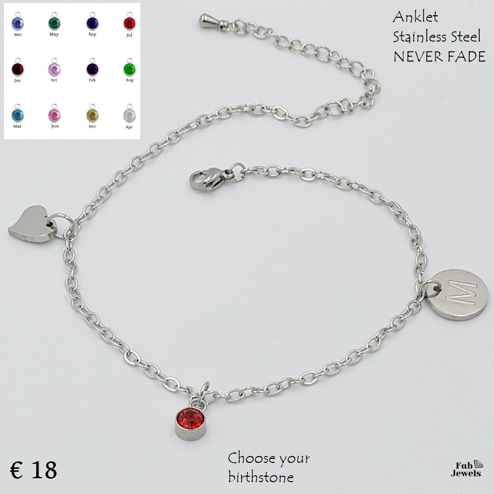 Stainless Steel 316L Personalised Birthstone Initial Anklet White Gold Plated